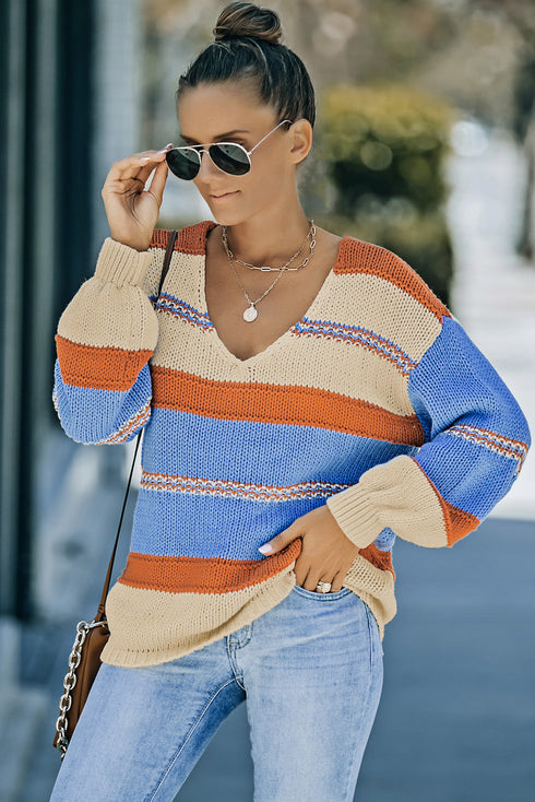 V-Neck Knitted Lantern Sleeve Pullover Sweater